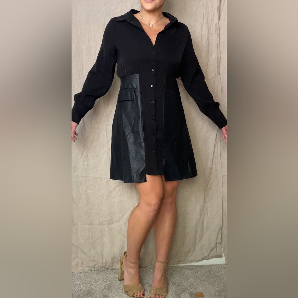 Black Satin-like & Leather material button up dress with 2 pockets